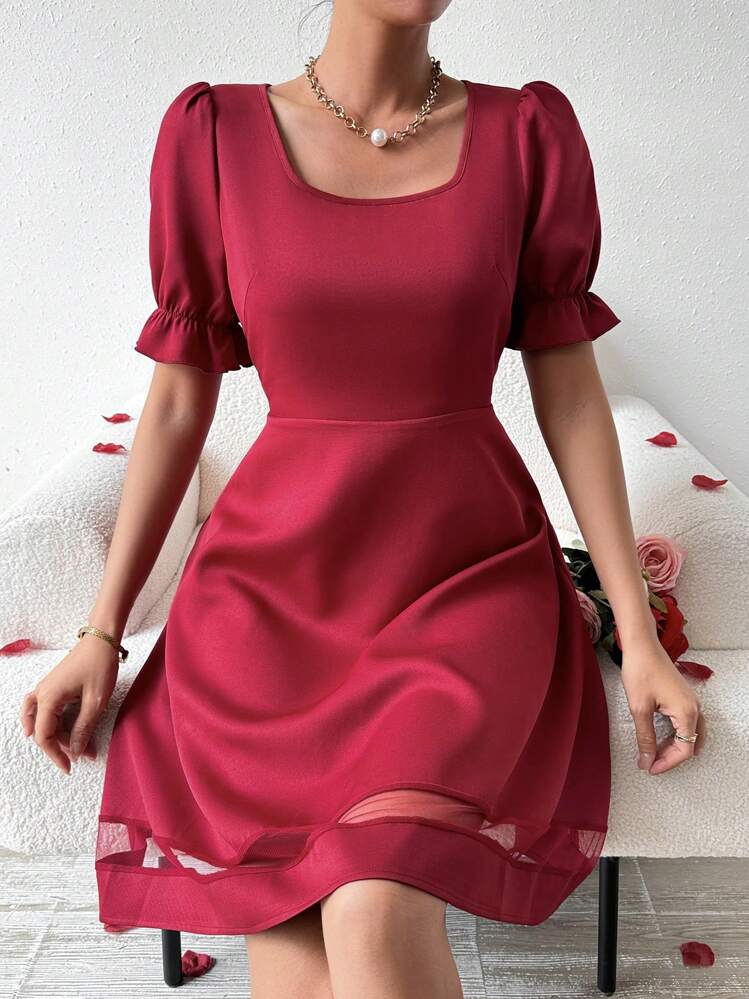 SHEIN Clasi Vestido de mujer de cuello cuadrado en unicolor con detalles de malla en contraste - Burdeos - Ver 1