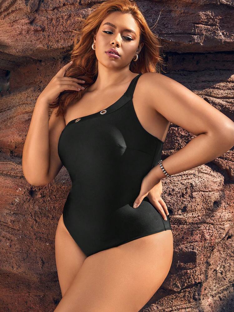 Summer Plus Size Asymmetric Neckline One-Piece Swimsuit