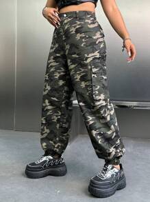 SHEIN ICON 大碼y2k迷彩高腰運動褲,帶貨櫃口袋 - 軍綠色 - 查看 5