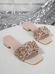 女士新款水钻装饰一脚蹬凉鞋，时尚奢华亮片珍珠链花朵露趾百搭迷人凉鞋