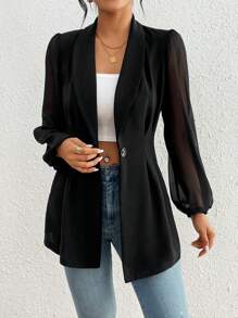 SHEIN Essnce Solid Color Draped Collar Pleated Coat - Black - View 5