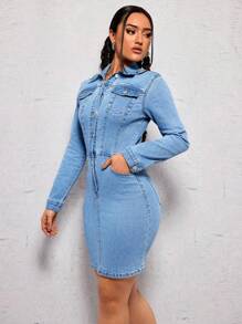 SHEIN ICON Women'S Short Sleeve Denim Shirt Dress - Medium Wash - View 5