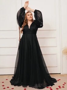 大码女式褶饰网眼长袖开衩晚礼服 - 黑色 - 查看 5