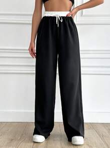 EURMUSE Women's Contrast Waist Drawstring Trousers - Black - View 1