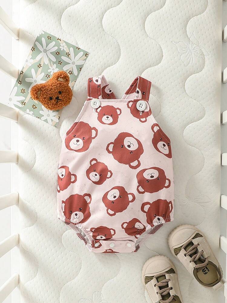 Baby Girls' Cartoon Bear Print Strap Bodysuit