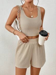 SHEIN Frenchy Của phụ nữ Chất rắn Kết cấu Áo vest Và Bộ quần short - Rượu sâm banh - Xem 3