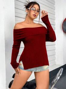 Flirla 女性大尺碼露肩毛衣 - 紅色 - 查看 7