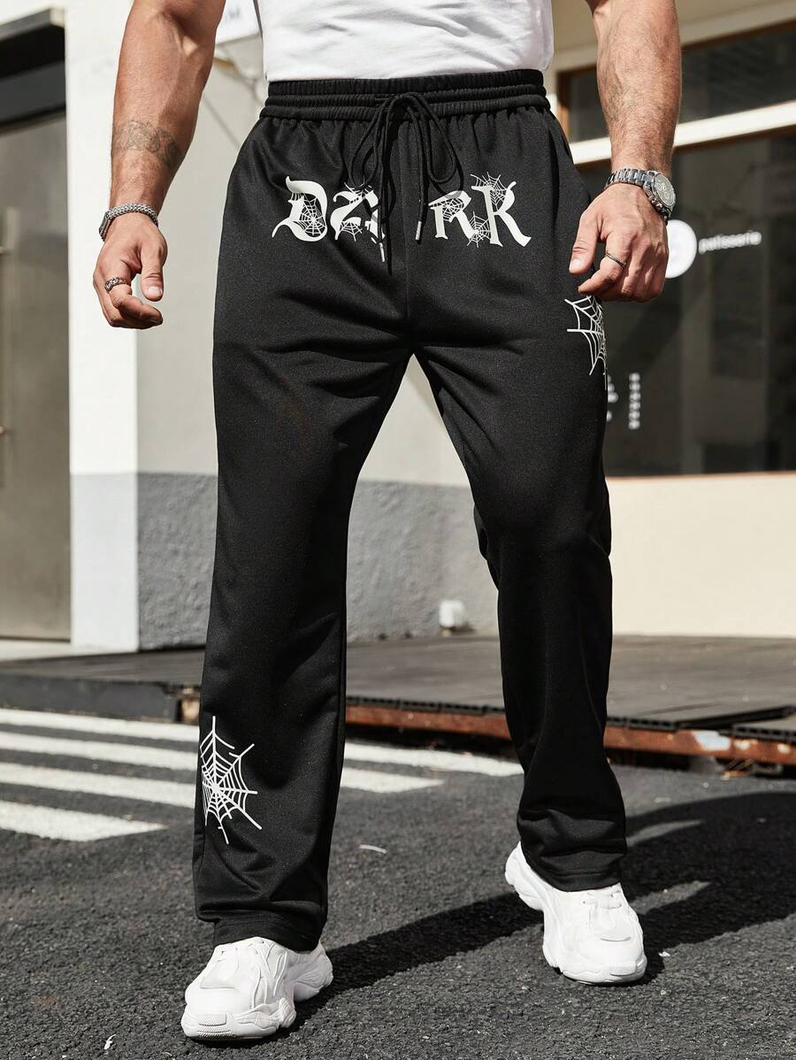 SHEIN Manfinity LEGND Nam Kích thước lớn Eo dây rút Quần thể thao Với Lá thư & In mạng nhện - màu đen - Xem 1