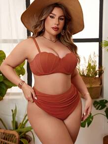 SHEIN Swim Curve Summer Beach Plus Size Women's Split Style Bikini Set With Scalloped Edge New Year - Rust Brown - View 6