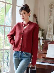 DAZY 女款純色鏤空翻領開襟襯衫 - 紅色 - 查看 5