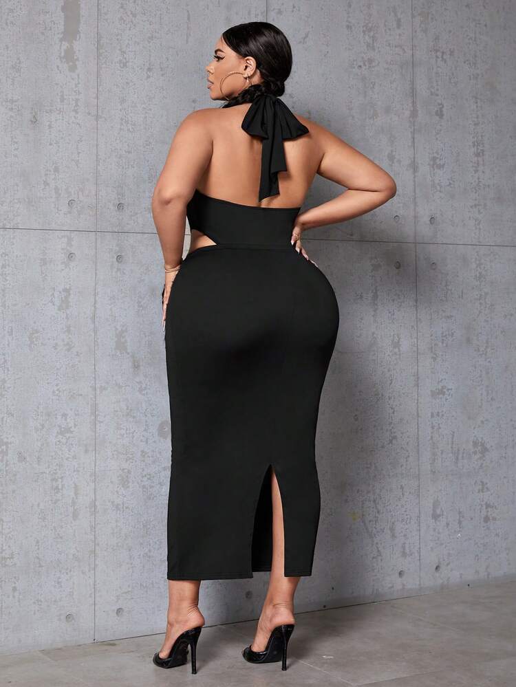 Women'S Plus Size Solid Color Hollow Out Halter Jumpsuit And Skirt Set