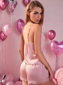 Lace Trimmed Valentine's Day Pajama Set For Women - Dusty Pink - View 2