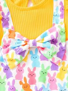 SHEIN 2入組寬鬆可愛的復活節風格連身褲,有彩色兔子圖案和蝴蝶結的款式,適用於女嬰,包括發帶 - 彩色 - 查看 8