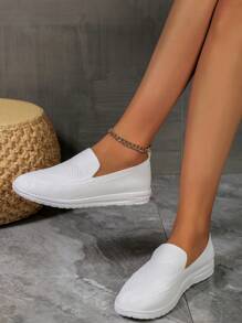 全新舒適白色透氣布料一腳蹬運動休閒鞋時尚平底鞋購物健走針織鞋 - 白色 - 查看 5