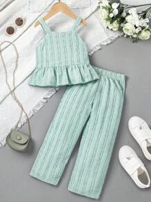 SHEIN 小女孩優雅綠色紋理吊帶背心上衣搭配配套裙子兩件套 - 綠色 - 查看 2