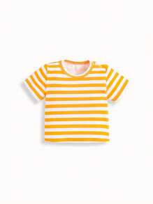 SHEIN Baby Boys' Cartoon Animal Print Striped Round Neck Short Sleeve Top