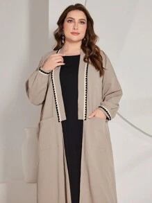 Al Najma Women's Plus Size Patchwork Web Double Pocket Jacket Abayas - Grey - View 4