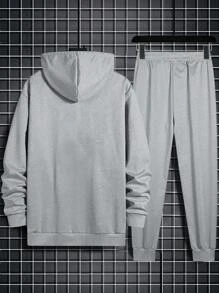 Manfinity Homme Bộ đồ thể thao thường ngày cho nam có mũ trùm đầu và quần nỉ Kangaroo họa tiết chữ, đi chơi - Xám - Xem 3