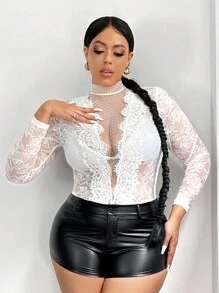 SHEIN SXY Plus Size Polka Dot Mesh Splice Stand Collar Lace Bodysuit - White - View 4
