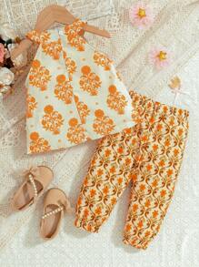 Baby Girl Printed Halterneck Top And Pants Suit - Multicolor - View 2