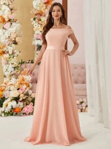 SHEIN Belle 露肩小插肩，寬鬆傘狀洋裝，網帶腰身，簡約修身伴娘禮服（成人） - 淺粉色 - 查看 4