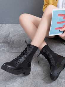 女士優雅靴款,女款春秋新款短靴,女厚底靴 - 黑色 - 查看 2