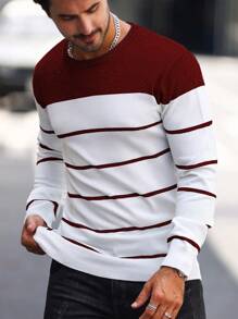 Manfinity Mode Men's Striped Long Sleeve Sweater, For Fall Winter - Burgundy - View 3