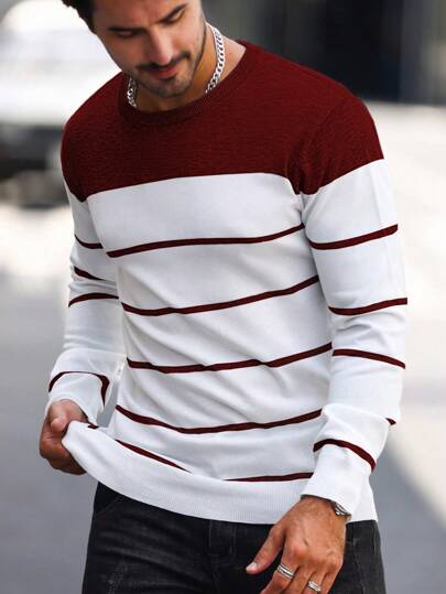 Manfinity Mode Men's Striped Long Sleeve Sweater, For Fall Winter