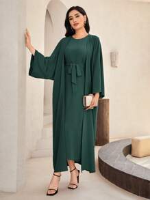 Al Najma Màu thuần Tay áo chuông Áo choàng Abaya Đầm Với Thắt Lưng - xanh quân đội - Xem 1