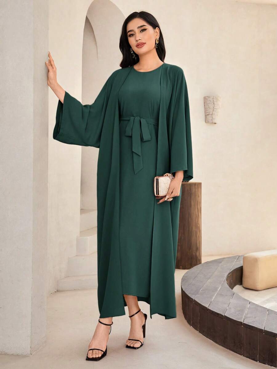 Al Najma Màu thuần Tay áo chuông Áo choàng Abaya Đầm Với Thắt Lưng - xanh quân đội - Xem 1