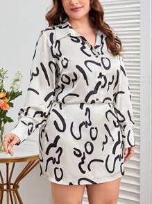 SHEIN Clasi Women's Plus Size All-Over Printed Shirt And Skirt Two-Piece Set - Black and White - View 3