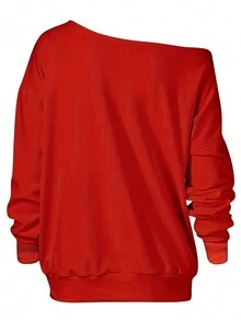Plus Christmas Print Off Shoulder T-Shirts - Red - View 2