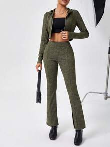 SHEIN Essnce Set Da Donna Con Top E Pantaloni Con Cappuccio E Cerniera Frontale - Verde militare - Visualizzare 4