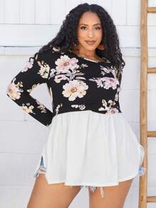 SHEIN CURVE+ 大尺碼女款花卉印花長袖上衣