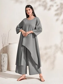 Al Najma Bộ đồ hai mảnh áo cổ tròn viền bất đối xứng và quần ống rộng cho nữ - Xám - Xem 3
