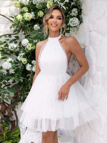 Joyfunear Women Solid Color Elegant Backless Halter Neck Mesh Overlay Dress - White - View 4