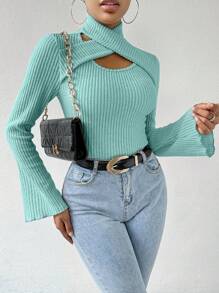 SHEIN Essnce Women's Solid Color Hollow Out Ribbed Bell Sleeve T-Shirt - Green - View 3