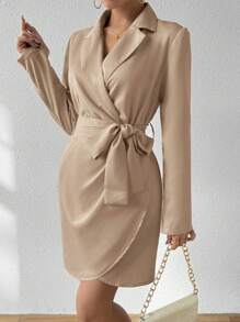 SHEIN Privé 女款純色翻領裹身連身裙 - 卡其色 - 查看 3