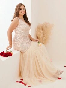 Plus Sequins Formal Mermaid Dress Evening Gowns - Gold - View 4