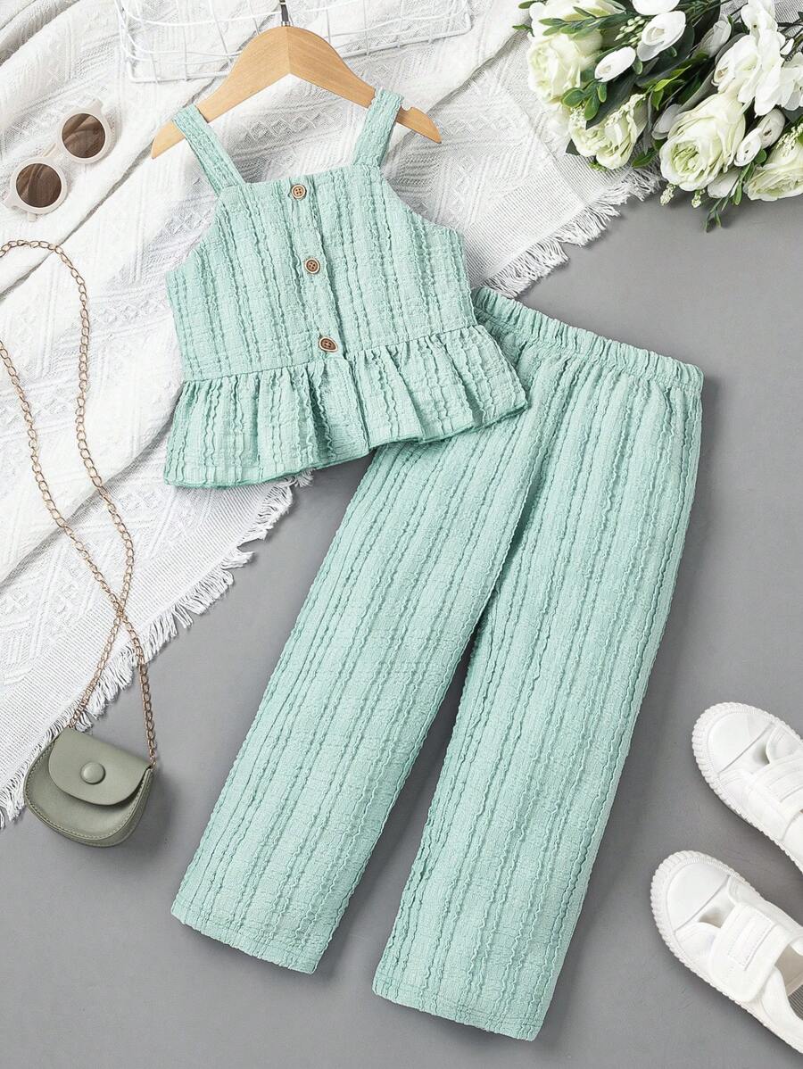 SHEIN 小女孩優雅綠色紋理吊帶背心上衣搭配配套裙子兩件套 - 綠色 - 查看 1