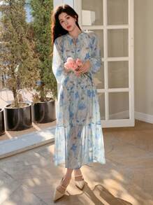 DAZY 打結領口和燈籠袖的花卉連衣裙 - 藍色 - 查看 3