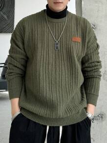 DAZY Men's Letter Patch Drop Shoulder Sweater Fall,Winter - Army Green - View 4