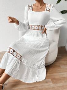 SHEIN Frenchy Women's Embroidery Patchwork Hollow Out Dress - White - View 6