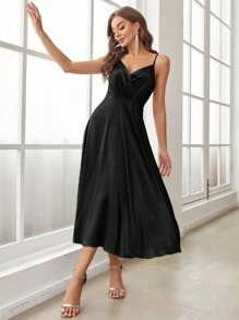 SHEIN Belle Women's Solid Color Spaghetti Strap Dress, Semi Formal Dress - Black - View 4