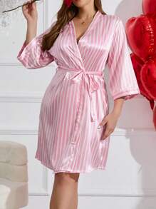 大尺碼女休閒粉紅和白色條紋印花束帶睡衣 - 粉色 - 查看 4