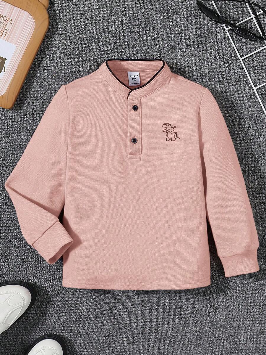 SHEIN Con trai Giải trí Và Thoải mái Đồ họa khủng long Đứng cổ áo Tay áo dài Áo - Hồng - Xem 1