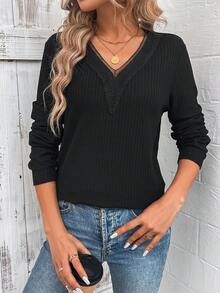 SHEIN LUNE 女士蕾絲和編織細節v領運動衫 - 白色 - 查看 6