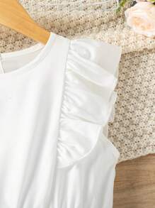 Vestido Blanco De Doble Volante Con Estampado De Mariposas Y Flores Para Niñas Preadolescentes - Blanco - Ver 4