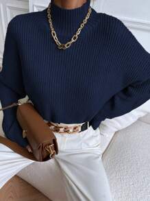 SHEIN Essnce Women's Solid Color High Neck Ribbed Knitted Sweater - Navy Blue - View 4