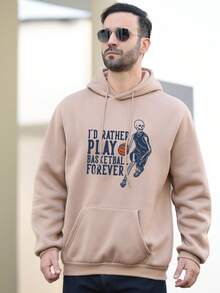 男款大尺碼骷髏標語印花抽繩連帽抓絨運動衫 - 咖啡棕 - 查看 3